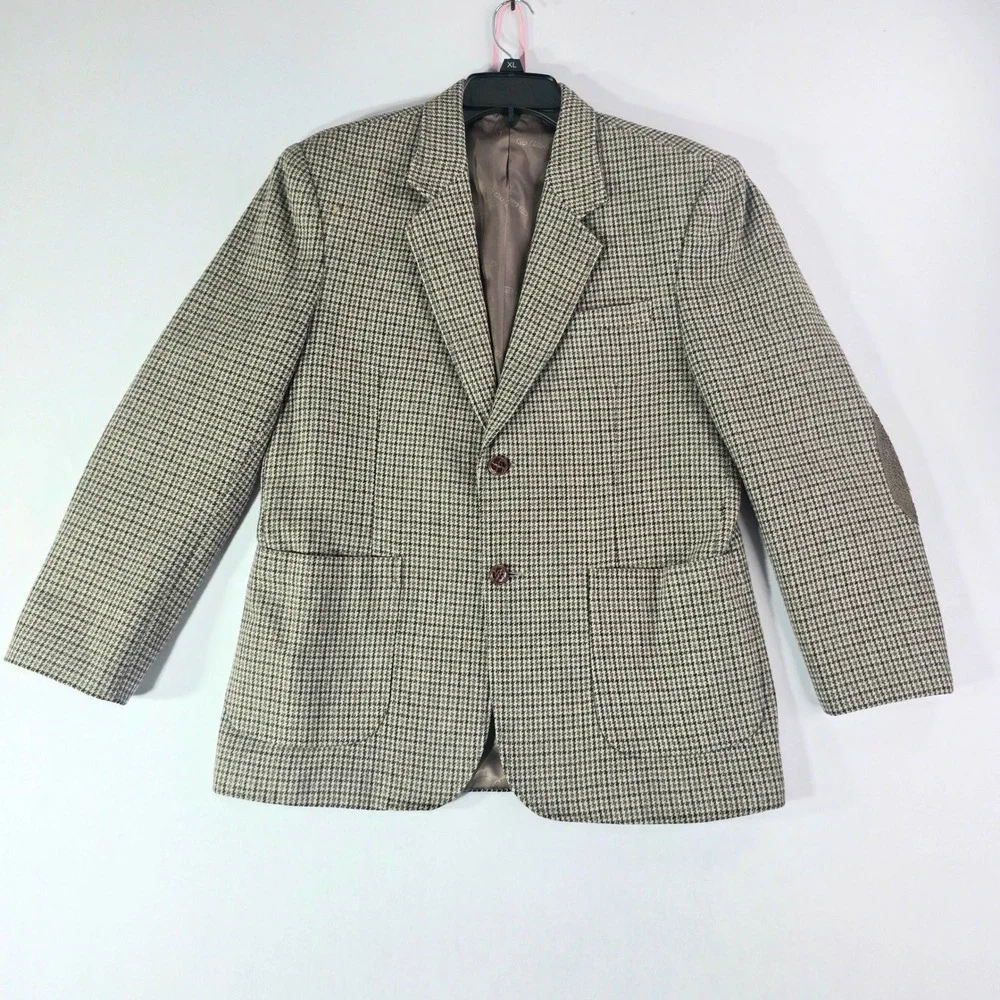Gibbon New Fashion Houndstooth Blazer Brown Tan Elbow Patches Mens L Sport Coat